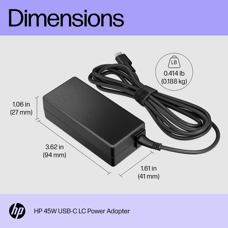 HP 45W USB-C Brick AC LC Power Adapter Notebook Charger / fits ProBook 430 440 450 G6 G7 G8 G9, EliteBook 830 840 850 G6 G7 G8 G9, x360 1030 1040 G6 G8 G9, Dragonfly thumbnail 3
