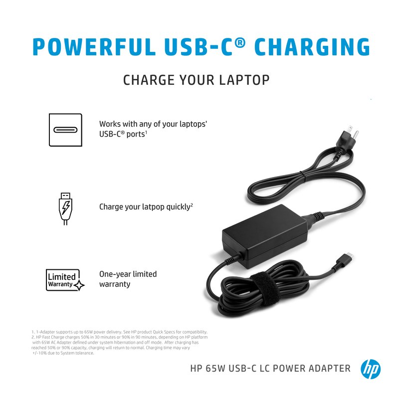 HP 65W USB-C Brick AC LC Power Adapter Notebook Charger / fits ProBook 430 440 450 G6 G7 G8 G9, EliteBook 830 840 850 G6 G7 G8 G9, x360 1030 1040 G6 G8 G9, Dragonfly thumbnail 4