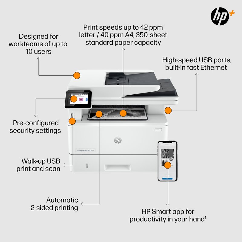 HP LaserJet Pro MFP 4102fdn AIO All-in-One Printer - A4 Mono Laser, Print/Copy/Dual-Side Scan/Fax, Automatic Document Feeder, Auto-Duplex, LAN, 40ppm, 750-4000 pages per month (replaces M428fdn) thumbnail 4