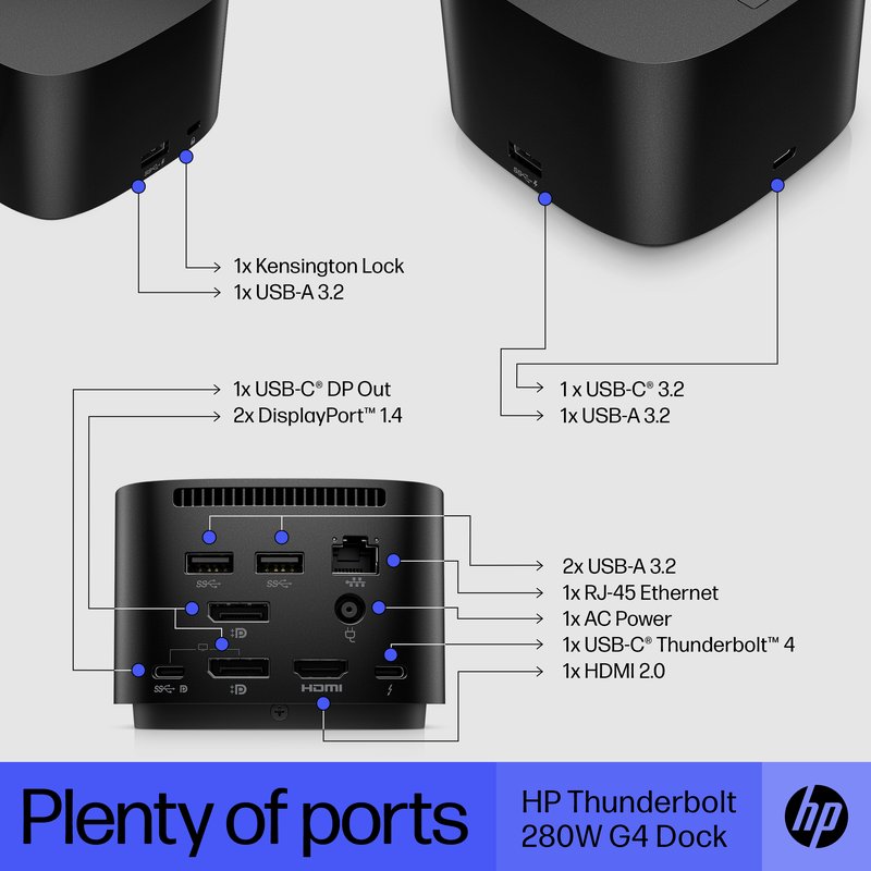 HP TB Dock G4 280W w/Combo Cable - 4x USB 3.0, 2x USB-C(15W), 1x USB-C Thunderbolt 4, 2x DisplayPort, 1x HDMI, 1x RJ-45, Apple MAC compatible thumbnail 5