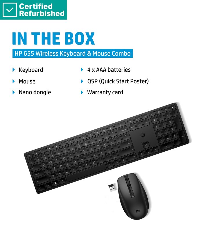 RENEW GOLD HP 655 Wireless Mouse Keyboard Combo, spill resistant - Black - US ENG thumbnail 5