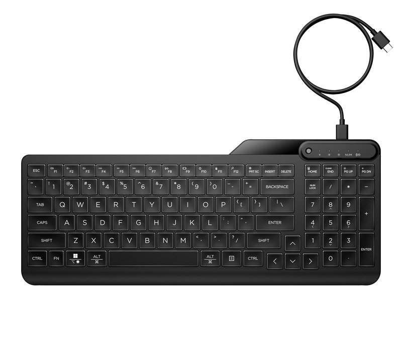 HP 405 Backlit USB-C Wired 24/7 Keyboard, Spill Resistant, Sanitizable, Programmable, Adjustable Tilt and LED brightness - Black - US ENG - Image 1