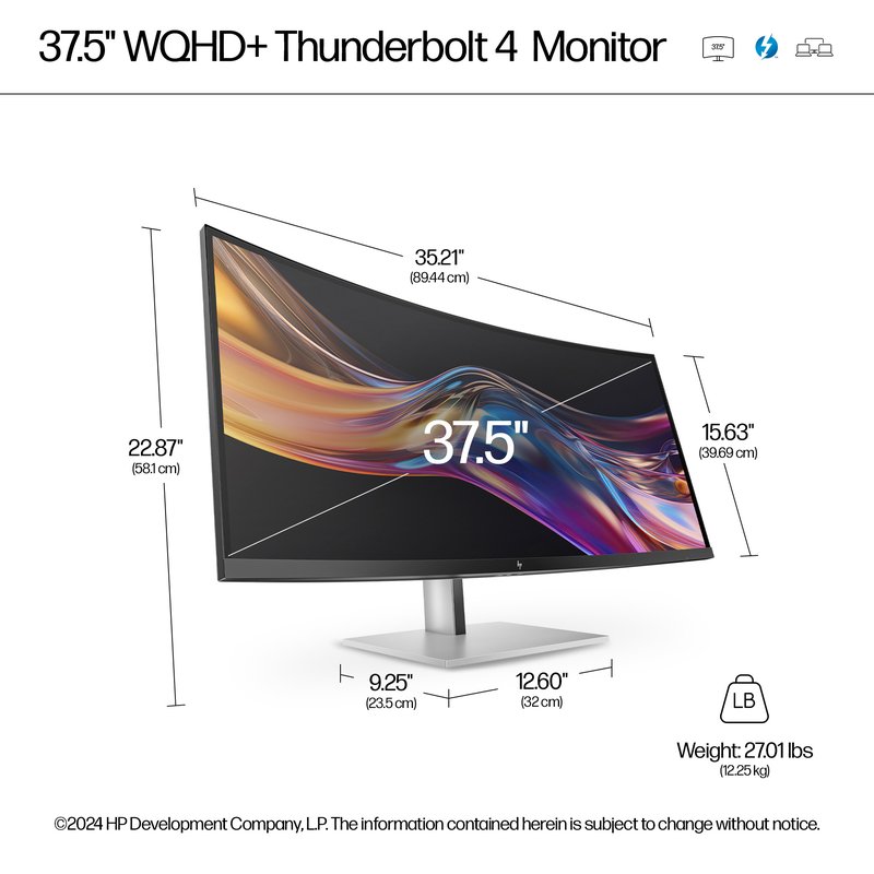 HP 738pu Series 7 Pro Curved TB4 Charging Monitor - 37.5" 3840x1600 WQHD+ 400-nit 60Hz AG, Curved, IPS Black HDR 400, USB-C(100W/65W/15W)/HDMI/ DP Daisy-Chain, 5x USB-A, speakers, RJ-45 LAN, height adjustable/tilt/swivel, 3 years (Z38c) thumbnail 8
