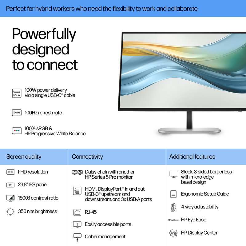 HP 524pu Series 5 Pro FHD Charging Monitor - 23.8" 1920x1080 FHD 350-nit 100Hz AG, IPS, USB-C(100W/15W)/HDMI/DisplayPort Daisy-Chain, 3x USB-A, RJ-45 LAN, height adjustable/tilt/swivel/pivot, 3 years (replaces E24u G5) thumbnail 7
