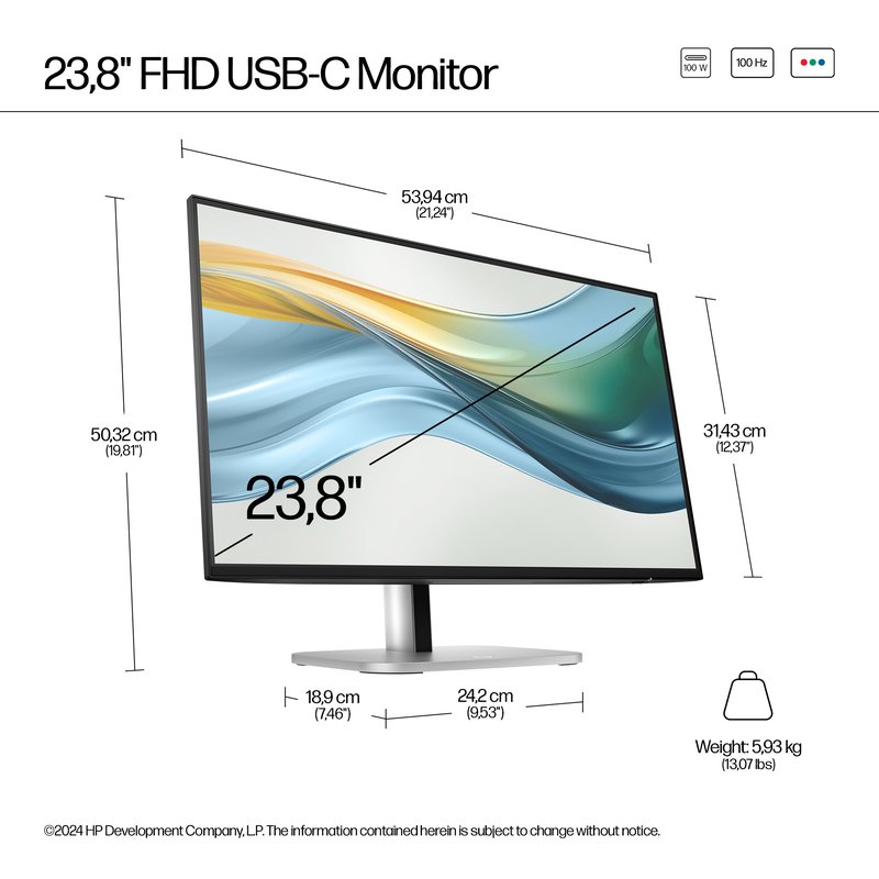 HP 524pu Series 5 Pro FHD Charging Monitor - 23.8" 1920x1080 FHD 350-nit 100Hz AG, IPS, USB-C(100W/15W)/HDMI/DisplayPort Daisy-Chain, 3x USB-A, RJ-45 LAN, height adjustable/tilt/swivel/pivot, 3 years (replaces E24u G5) thumbnail 9