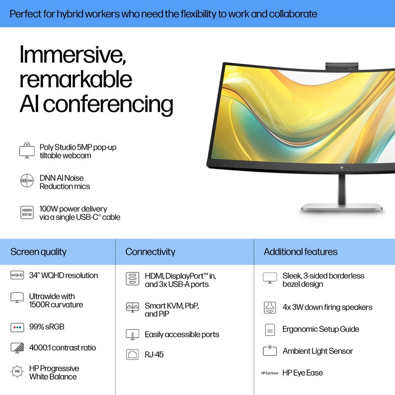 HP 534pm Series 5 Pro WQHD USB-C Curved Conferencing PVC Free Monitor - 34" 3440x1440 WQHD 400-nit AG, VA, USB-C(100W/15W)/HDMI/DisplayPort, 3x USB-A, speakers, 5MP webcam, RJ-45 LAN, height adjustable/tilt/swivel, 3 years (replaces E34m) thumbnail 7