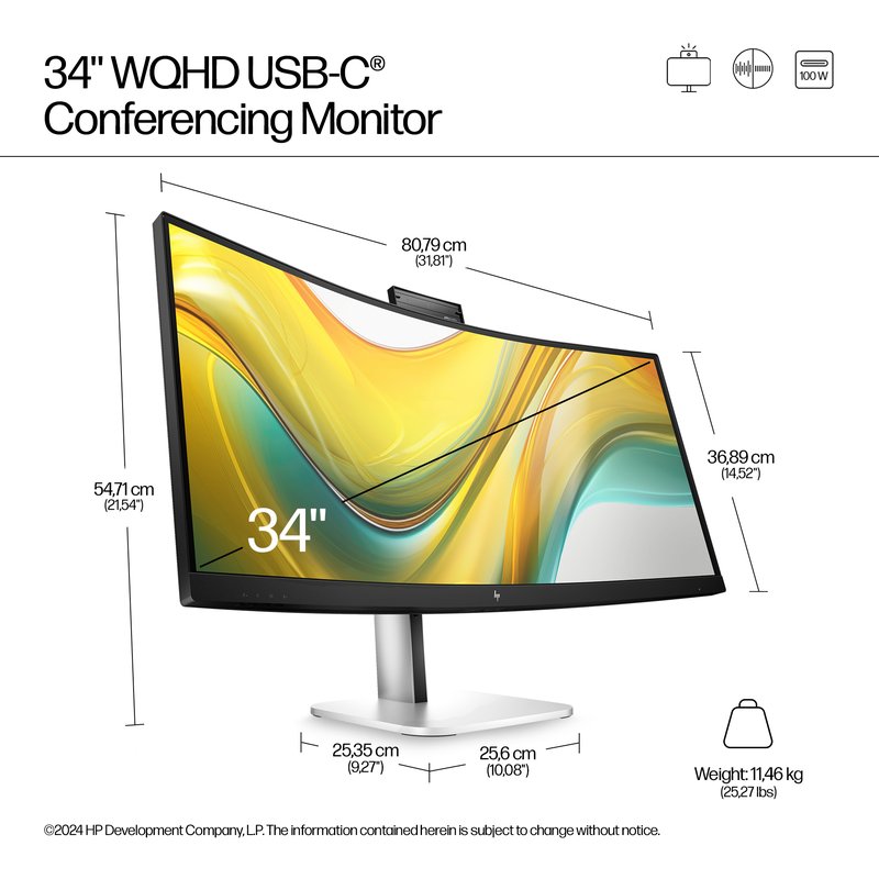 HP 534pm Series 5 Pro WQHD USB-C Curved Conferencing PVC Free Monitor - 34" 3440x1440 WQHD 400-nit AG, VA, USB-C(100W/15W)/HDMI/DisplayPort, 3x USB-A, speakers, 5MP webcam, RJ-45 LAN, height adjustable/tilt/swivel, 3 years (replaces E34m) thumbnail 9
