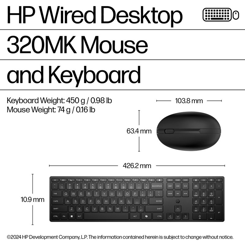HP 320MK USB Wired Mouse Keyboard Combo, spill resistant – Black - US ENG thumbnail 6