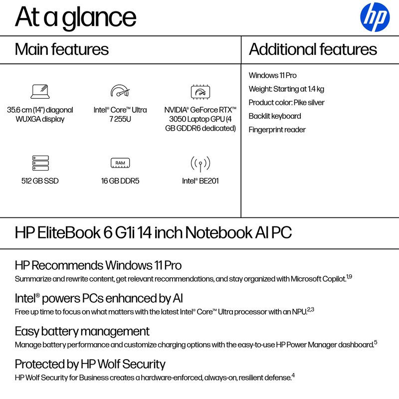 HP EliteBook 6 G1i 14 - Ultra 7-255U, 16GB, 512GB SSD, 14 WUXGA 300-nit AG, 5MP IR cam, WWAN-ready, Smartcard, FPR, US backlit keyboard, 56Wh, Win 11 Pro, 3 years thumbnail 7
