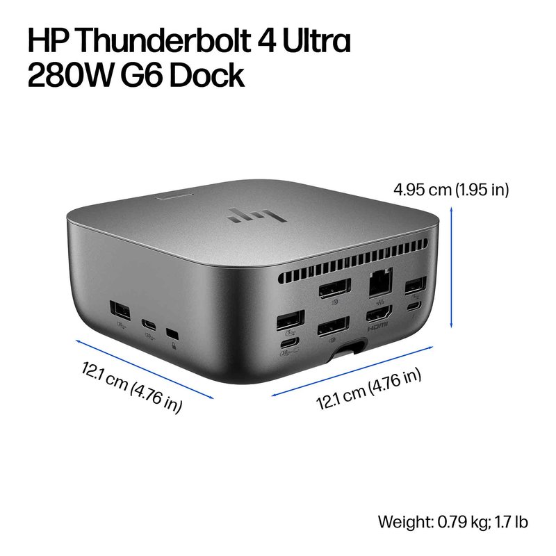 HP Thunderbolt 4 Ultra Dock G6 280W w/Combo Cable - 5x USB-A, 2x USB-C, 1x USB-C Thunderbolt 4, 2x DisplayPort, 1x HDMI, 1x RJ-45, Meteor Silver, 3 years thumbnail 5
