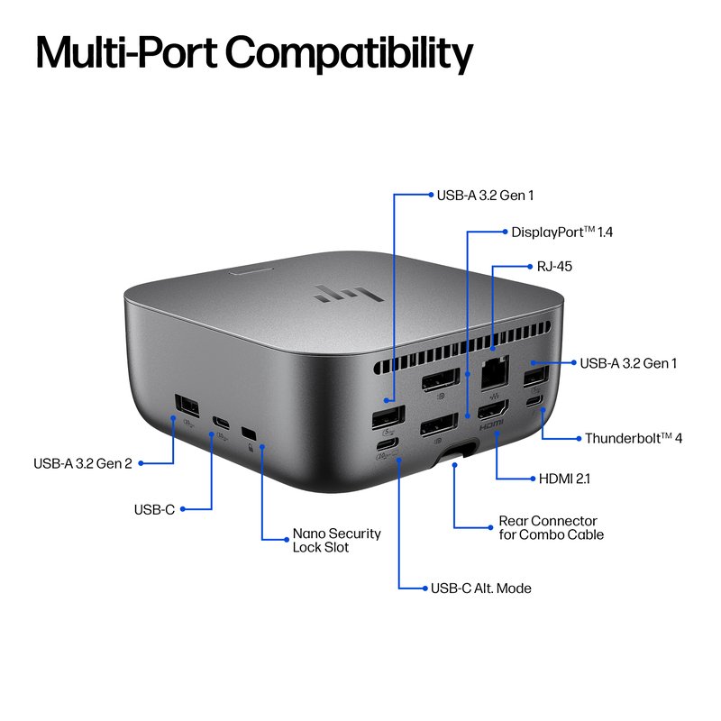 HP Thunderbolt 4 Ultra Dock G6 280W w/Combo Cable - 5x USB-A, 2x USB-C, 1x USB-C Thunderbolt 4, 2x DisplayPort, 1x HDMI, 1x RJ-45, Meteor Silver, 3 years thumbnail 6