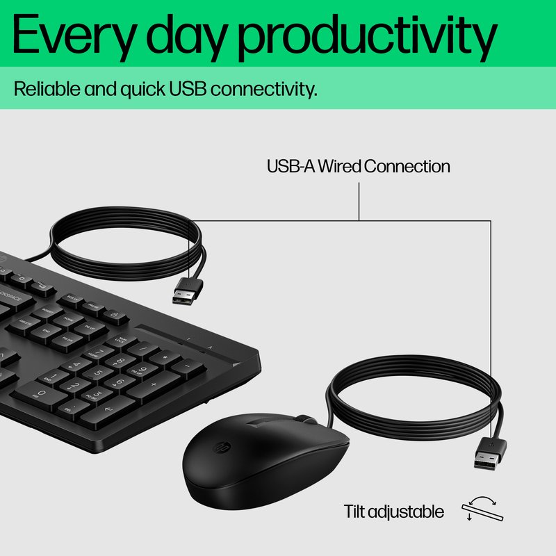 HP 225 G2 USB Wired Mouse Keyboard Combo, Copilot Key, spill resistant - Black - US ENG thumbnail 6