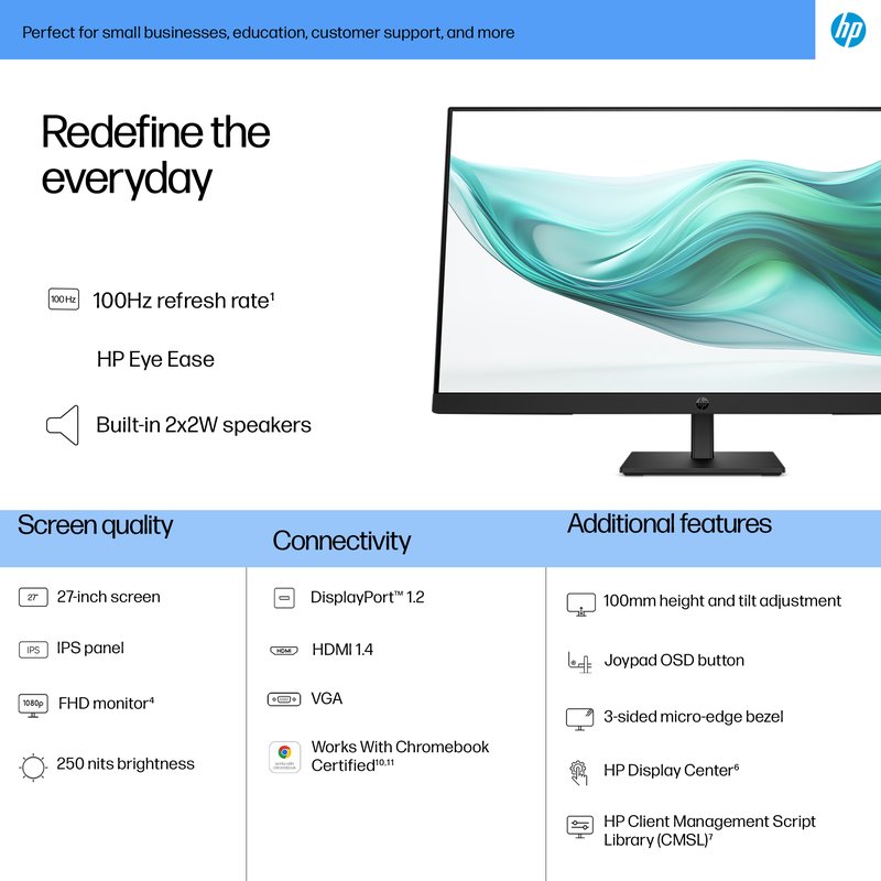 HP 327ph Series 3 Pro FHD Monitor - 27" 1920x1080 FHD 250-nit 100Hz AG, IPS, HDMI/VGA/DisplayPort, speakers, height adjustable/tilt, 3 years (replaces P27h G5) thumbnail 5