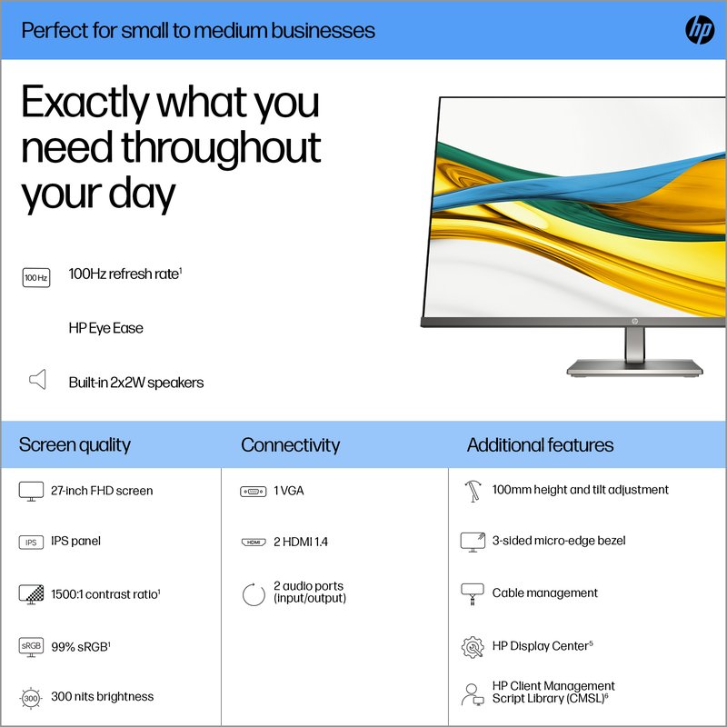 HP 527da Series 5 FHD Monitor - 27" 1920x1080 FHD 300-nit 100Hz AG, IPS, 2x HDMI/VGA, speakers, height adjustable/tilt, 3 years thumbnail 5