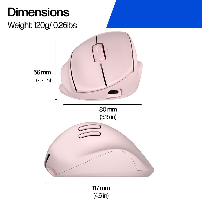 HP 720M Super Capacitor Ergonomic Tilt Wireless Bluetooth Mouse - Programmable, Multi-Surface, Multi-Device, Dual-Mode, Ultra-Fast Rechargeable, Semi-vertical tilt, Comfort Silicone - Pink thumbnail 2