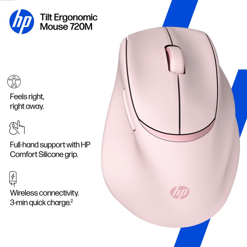 HP 720M Super Capacitor Ergonomic Tilt Wireless Bluetooth Mouse - Programmable, Multi-Surface, Multi-Device, Dual-Mode, Ultra-Fast Rechargeable, Semi-vertical tilt, Comfort Silicone - Pink thumbnail 5