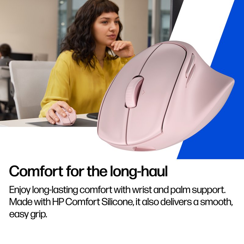 HP 720M Super Capacitor Ergonomic Tilt Wireless Bluetooth Mouse - Programmable, Multi-Surface, Multi-Device, Dual-Mode, Ultra-Fast Rechargeable, Semi-vertical tilt, Comfort Silicone - Pink thumbnail 6