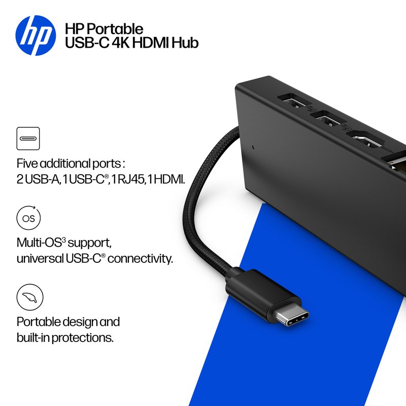 HP USB-C Portable Travel Hub - 1x USB-C, 2x USB 3.2, 1x RJ-45, 1x HDMI (up to 4K/60Hz), 1 year thumbnail 4