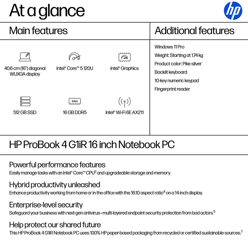 HP ProBook 4 G1iR 16 - Core 5-120U, 16GB, 512GB SSD, 16 WUXGA 300-nit AG, 1080p non-IR cam, FPR, US backlit keyboard, 56Wh, Win 11 Pro, 3 years thumbnail 8