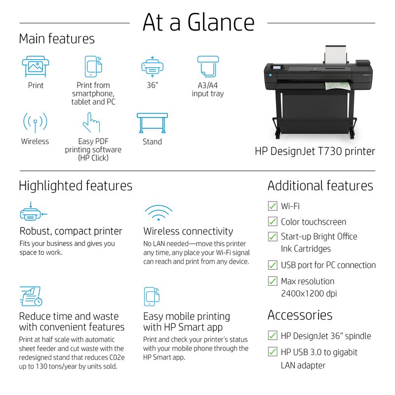 HP DesignJet T730 Printer/Plotter - 36" Roll/A4,A3,A2,A1,A0 Color Ink, Print, Sheet Feeder, Auto Horizontal Cutter, LAN, WiFi, 25 sec/A1 page, 82 A1 prints/hour, with Stand thumbnail 4