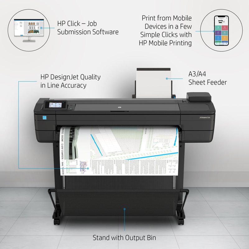 HP DesignJet T730 Printer/Plotter - 36" Roll/A4,A3,A2,A1,A0 Color Ink, Print, Sheet Feeder, Auto Horizontal Cutter, LAN, WiFi, 25 sec/A1 page, 82 A1 prints/hour, with Stand thumbnail 5