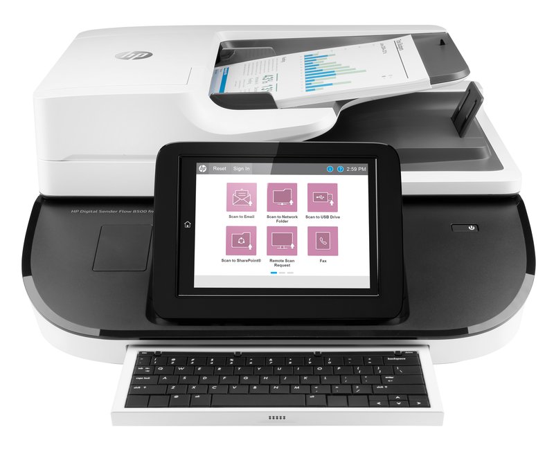 HP Digital Sender Flow 8500 fn2 Scanner/Document Workstation - A3 Color 600dpi, Flatbed/Sheetfeed Scanning, Automatic Document Feeder, Auto-Duplex, OCR/Scan to Text, 100ppm, 10000 pages per day - Image 1