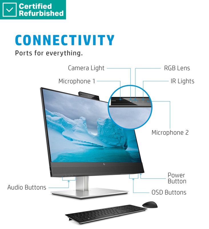 RENEW SILVER HP E24mv G4 FHD Conferencing Monitor - 23.8" 1920x1080 FHD 250-nit 60Hz AG, IPS, HDMI/VGA/DisplayPort, 4x USB-A, speakers, 5MP webcam, height adjustable/tilt/swivel/pivot, 1 years thumbnail 6