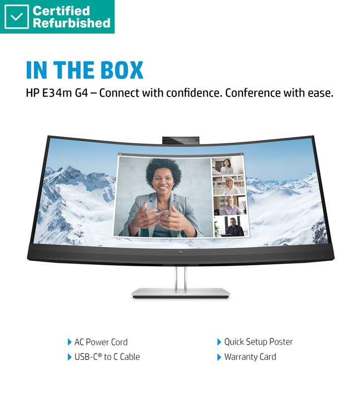 RENEW SILVER HP E34m G4 Curved Conferencing Monitor - 34" 3440x1440 WQHD 400-nit 75Hz AG, Curved, VA, USB-C(65W)/HDMI/DisplayPort, 4x USB-A, speakers, 5MP webcam, RJ-45 LAN, height adjustable/tilt/swivel, 1 years thumbnail 9