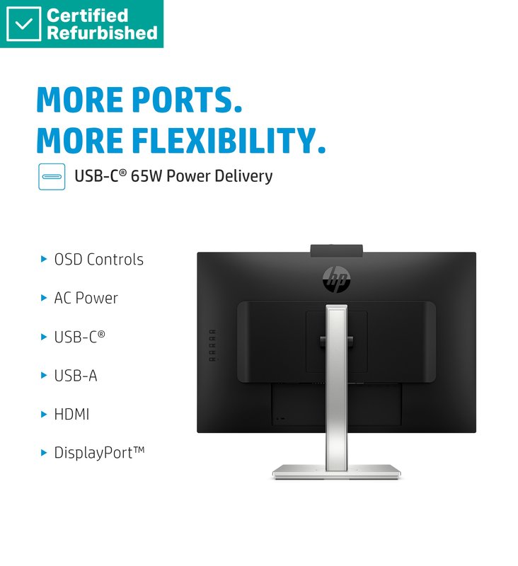 RENEW SILVER HP E27m G4 QHD Charging Conferencing Monitor - 27" 2560x1440 QHD 300-nit 75Hz AG, IPS, USB-C(65W)/HDMI/DisplayPort/DisplayPort-out, 4x USB-A, speakers, 5MP webcam, RJ-45 LAN, height adjustable/tilt/swivel/pivot, 1 years thumbnail 8
