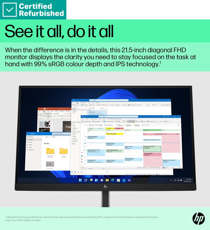 RENEW SILVER HP E22 G5 FHD Monitor - 21.5" 1920x1080 FHD 250-nit 75Hz AG, IPS, HDMI/DisplayPort, 4x USB-A, height adjustable/tilt/swivel/pivot, 1 years thumbnail 7
