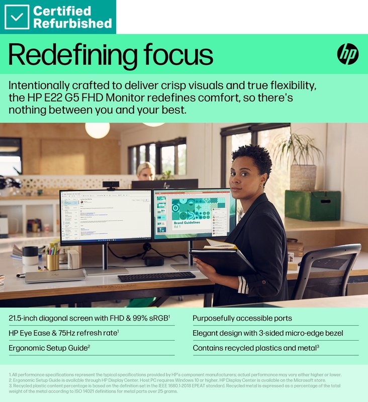 RENEW SILVER HP E22 G5 FHD Monitor - 21.5" 1920x1080 FHD 250-nit 75Hz AG, IPS, HDMI/DisplayPort, 4x USB-A, height adjustable/tilt/swivel/pivot, 1 years thumbnail 9