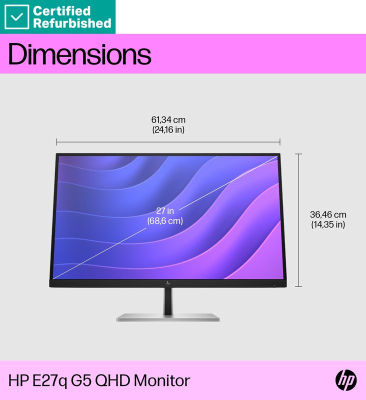 RENEW SILVER HP E27q G5 QHD Monitor - 27" 2560x1440 QHD 350-nit 75Hz AG, IPS, HDMI/DisplayPort, 4x USB-A, height adjustable/tilt/swivel/pivot, 1 years thumbnail 5