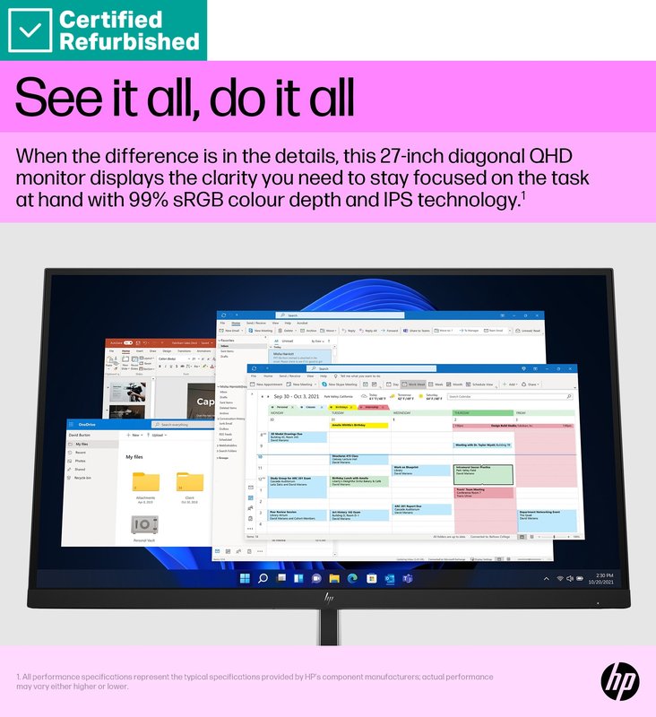 RENEW SILVER HP E27q G5 QHD Monitor - 27" 2560x1440 QHD 350-nit 75Hz AG, IPS, HDMI/DisplayPort, 4x USB-A, height adjustable/tilt/swivel/pivot, 1 years thumbnail 8
