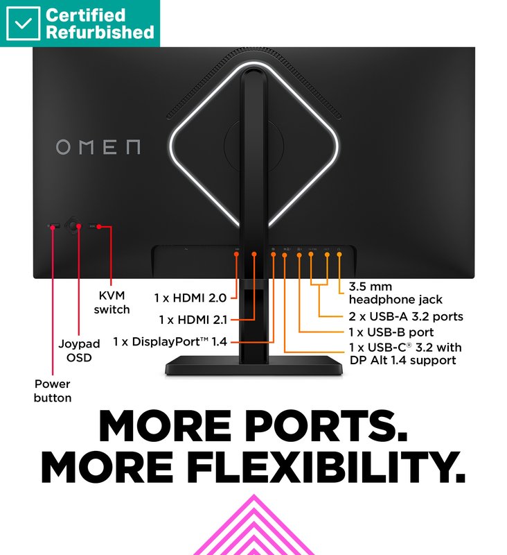 RENEW SILVER OMEN by HP 27k UHD Gaming Monitor - 27" 3840x2160 UHD 400-nit 144 Hz AG, IPS, USB-C/2x HDMI/DisplayPort, 2x USB-A, speakers, height adjustable/tilt/pivot, 1 years thumbnail 7