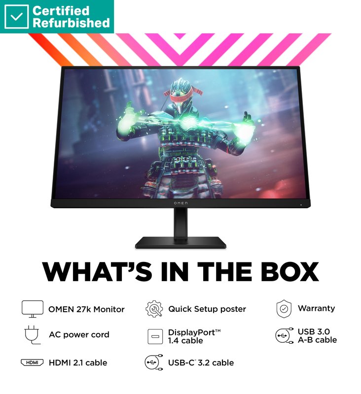 RENEW SILVER OMEN by HP 27k UHD Gaming Monitor - 27" 3840x2160 UHD 400-nit 144 Hz AG, IPS, USB-C/2x HDMI/DisplayPort, 2x USB-A, speakers, height adjustable/tilt/pivot, 1 years thumbnail 8