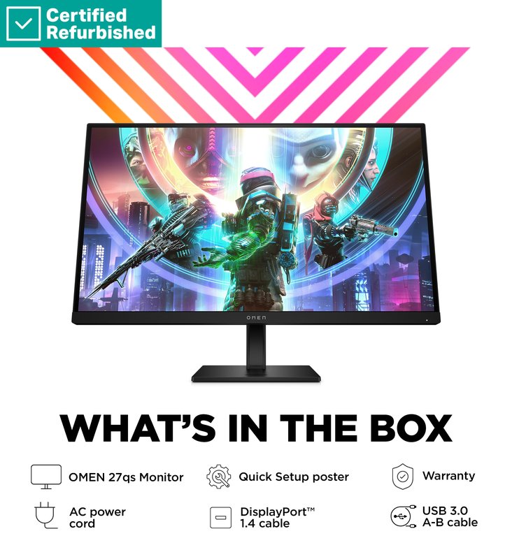 RENEW SILVER OMEN by HP 27qs QHD Gaming Monitor - 27" 2560x1440 QHD 400-nit 240Hz AG, IPS, 2x HDMI/DisplayPort, 2x USB-A, speakers, height adjustable/tilt/pivot, 1 years thumbnail 6