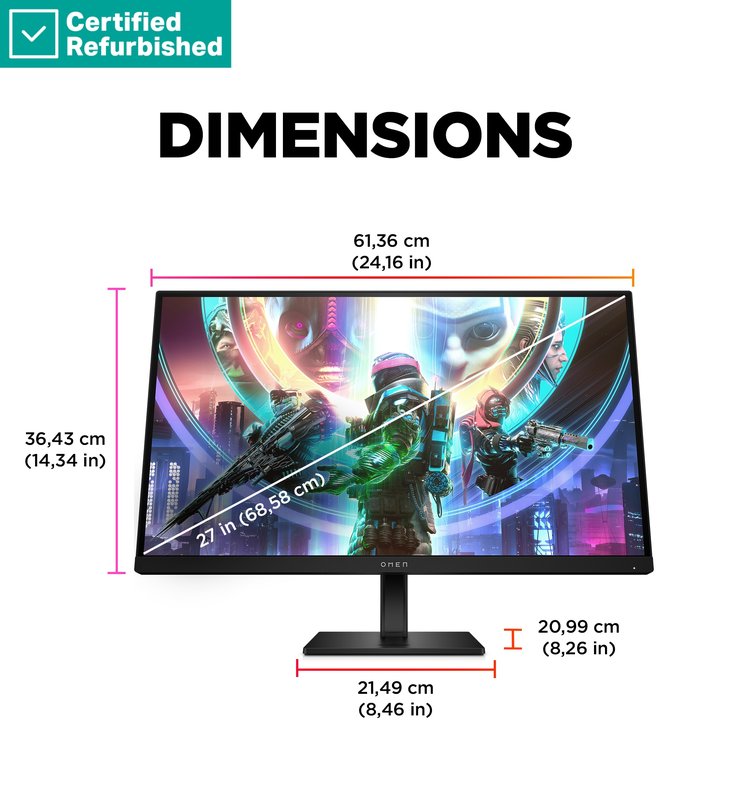 RENEW SILVER OMEN by HP 27qs QHD Gaming Monitor - 27" 2560x1440 QHD 400-nit 240Hz AG, IPS, 2x HDMI/DisplayPort, 2x USB-A, speakers, height adjustable/tilt/pivot, 1 years thumbnail 7