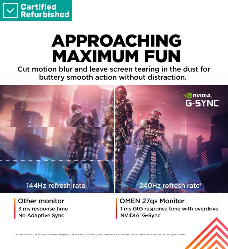 RENEW SILVER OMEN by HP 27qs QHD Gaming Monitor - 27" 2560x1440 QHD 400-nit 240Hz AG, IPS, 2x HDMI/DisplayPort, 2x USB-A, speakers, height adjustable/tilt/pivot, 1 years thumbnail 8