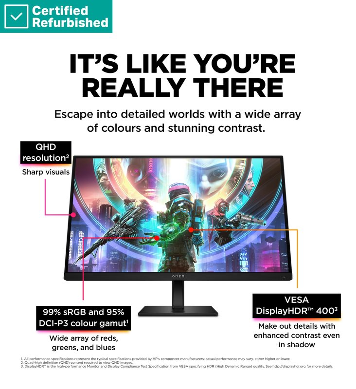 RENEW SILVER OMEN by HP 27qs QHD Gaming Monitor - 27" 2560x1440 QHD 400-nit 240Hz AG, IPS, 2x HDMI/DisplayPort, 2x USB-A, speakers, height adjustable/tilt/pivot, 1 years thumbnail 9