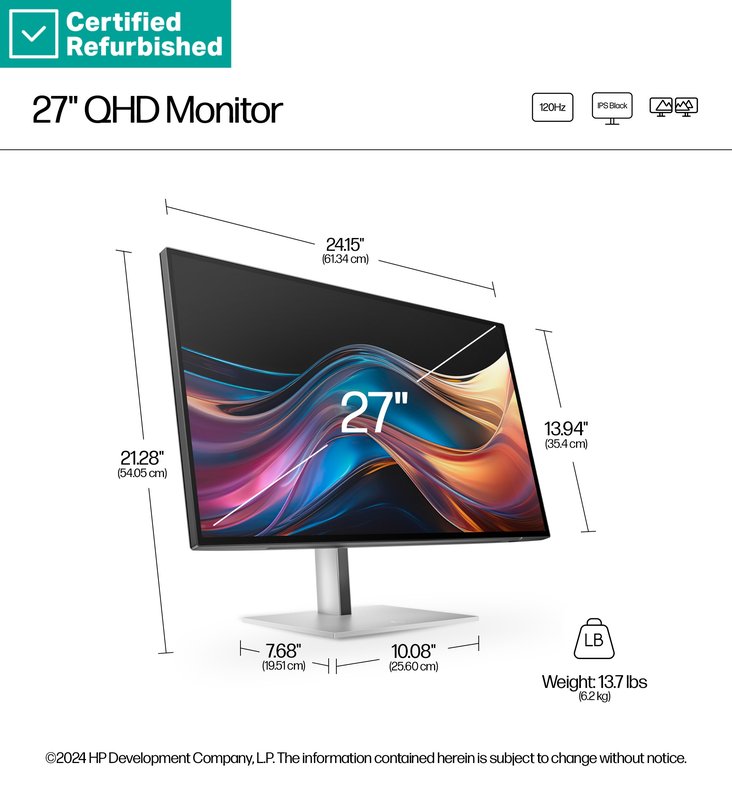 RENEW SILVER HP 727pq Series 7 Pro QHD Monitor - 27" 2560x1440 QHD 400-nit 120Hz AG, IPS Black HDR 400, USB-C(15W)/HDMI/DisplayPort/DisplayPort-out, 3x USB-A, No, height adjustable/tilt/swivel/pivot, 1 years (replaces Z27q G3) thumbnail 6
