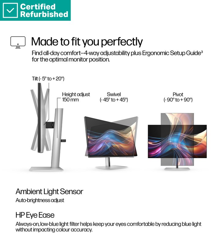 RENEW SILVER HP 727pq Series 7 Pro QHD Monitor - 27" 2560x1440 QHD 400-nit 120Hz AG, IPS Black HDR 400, USB-C(15W)/HDMI/DisplayPort/DisplayPort-out, 3x USB-A, No, height adjustable/tilt/swivel/pivot, 1 years (replaces Z27q G3) thumbnail 8