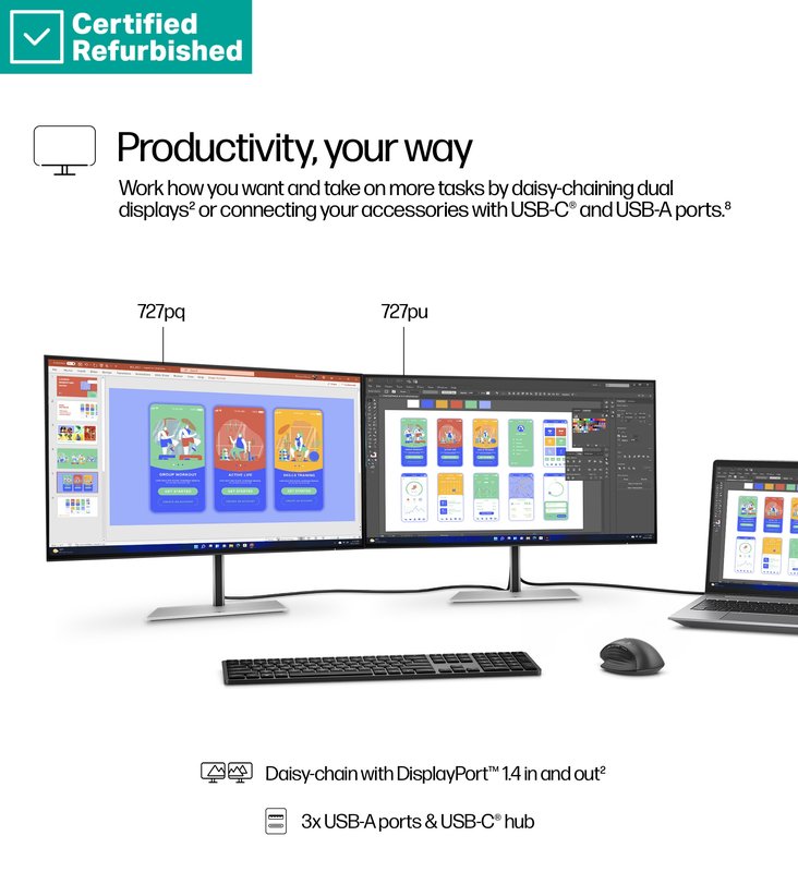 RENEW SILVER HP 727pq Series 7 Pro QHD Monitor - 27" 2560x1440 QHD 400-nit 120Hz AG, IPS Black HDR 400, USB-C(15W)/HDMI/DisplayPort/DisplayPort-out, 3x USB-A, No, height adjustable/tilt/swivel/pivot, 1 years (replaces Z27q G3) thumbnail 9
