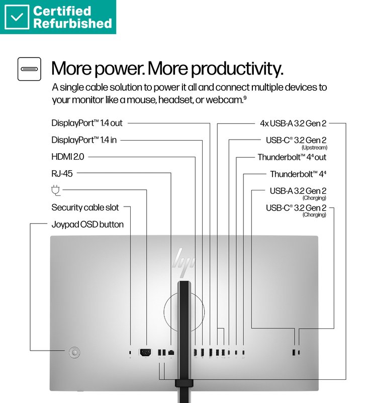 RENEW SILVER HP 727pu Series 7 Pro QHD TB4 Charging Monitor - 27" 2560x1440 QHD 400-nit 120Hz AG, IPS Black HDR 400, USB-C(100W/15W)/HDMI/DisplayPort Daisy-Chain, 5x USB-A, RJ-45 LAN, height adjustable/tilt/swivel/pivot, 1 years thumbnail 6