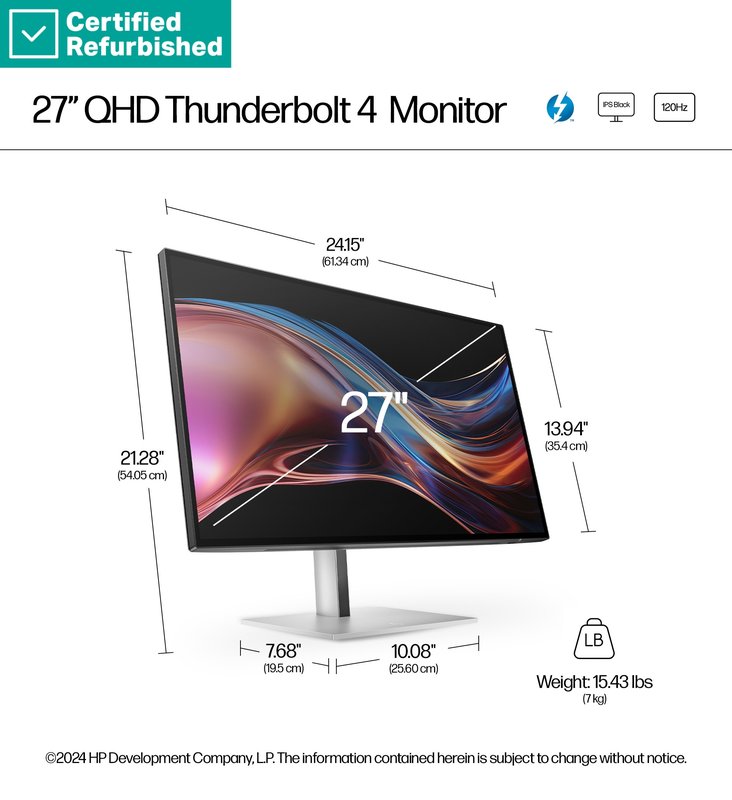 RENEW SILVER HP 727pu Series 7 Pro QHD TB4 Charging Monitor - 27" 2560x1440 QHD 400-nit 120Hz AG, IPS Black HDR 400, USB-C(100W/15W)/HDMI/DisplayPort Daisy-Chain, 5x USB-A, RJ-45 LAN, height adjustable/tilt/swivel/pivot, 1 years thumbnail 7