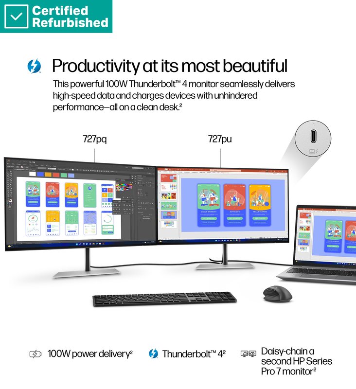 RENEW SILVER HP 727pu Series 7 Pro QHD TB4 Charging Monitor - 27" 2560x1440 QHD 400-nit 120Hz AG, IPS Black HDR 400, USB-C(100W/15W)/HDMI/DisplayPort Daisy-Chain, 5x USB-A, RJ-45 LAN, height adjustable/tilt/swivel/pivot, 1 years thumbnail 9
