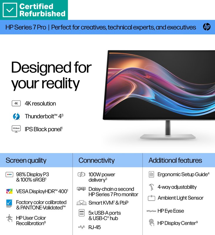 RENEW SILVER HP 727pk Series 7 Pro 4K Charging Monitor - 27" 3840x2160 UHD 400-nit 60Hz AG, IPS Black HDR 400, USB-C(100W)/USB-C(15W)/HDMI/DisplayPort Daisy-Chain, 5x USB-A, RJ-45 LAN, height adjustable/tilt/swivel/pivot, 1 years thumbnail 5