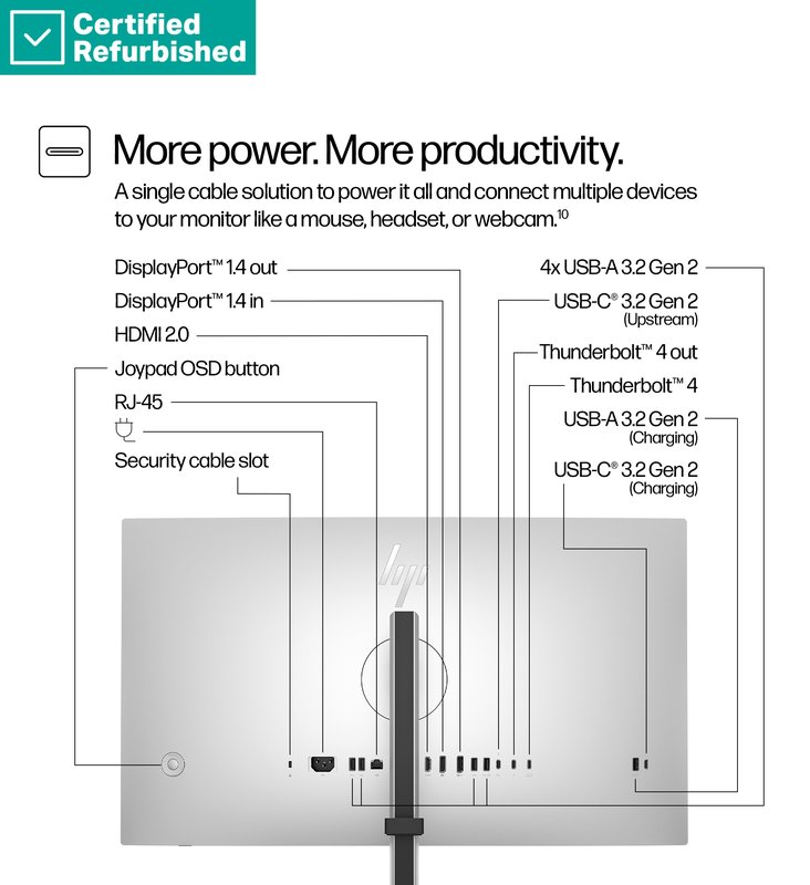 RENEW SILVER HP 727pk Series 7 Pro 4K Charging Monitor - 27" 3840x2160 UHD 400-nit 60Hz AG, IPS Black HDR 400, USB-C(100W)/USB-C(15W)/HDMI/DisplayPort Daisy-Chain, 5x USB-A, RJ-45 LAN, height adjustable/tilt/swivel/pivot, 1 years thumbnail 6