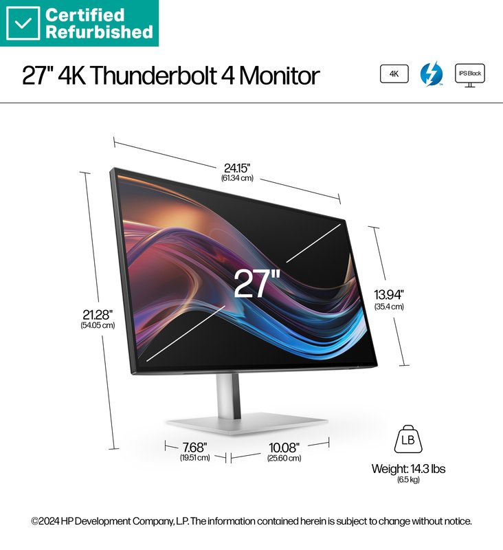 RENEW SILVER HP 727pk Series 7 Pro 4K Charging Monitor - 27" 3840x2160 UHD 400-nit 60Hz AG, IPS Black HDR 400, USB-C(100W)/USB-C(15W)/HDMI/DisplayPort Daisy-Chain, 5x USB-A, RJ-45 LAN, height adjustable/tilt/swivel/pivot, 1 years thumbnail 7