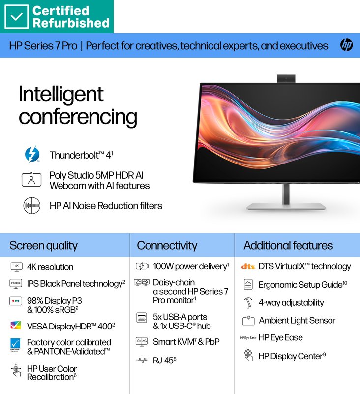 RENEW SILVER HP 727pm Series 7 Pro 4K Conferencing Monitor - 27" 3840x2160 UHD 400-nit 60Hz AG, IPS Black HDR 400, USB-C(100W/15W)/HDMI/DP Daisy-Chain, 5x USB-A, speakers, 5MP webcam, RJ-45 LAN, height adjustable/tilt/swivel/pivot, 1 years thumbnail 5