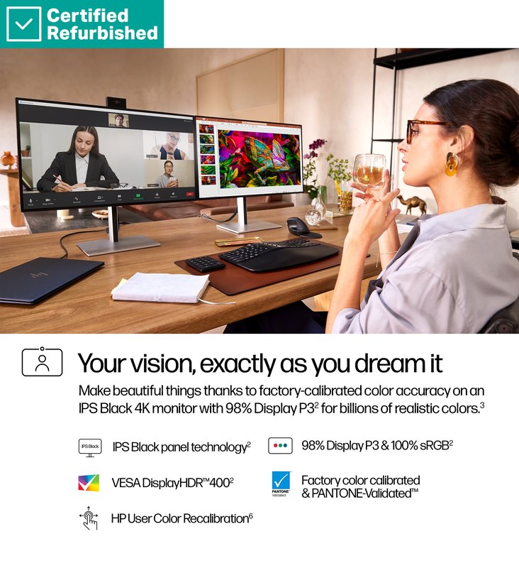 RENEW SILVER HP 727pm Series 7 Pro 4K Conferencing Monitor - 27" 3840x2160 UHD 400-nit 60Hz AG, IPS Black HDR 400, USB-C(100W/15W)/HDMI/DP Daisy-Chain, 5x USB-A, speakers, 5MP webcam, RJ-45 LAN, height adjustable/tilt/swivel/pivot, 1 years thumbnail 6